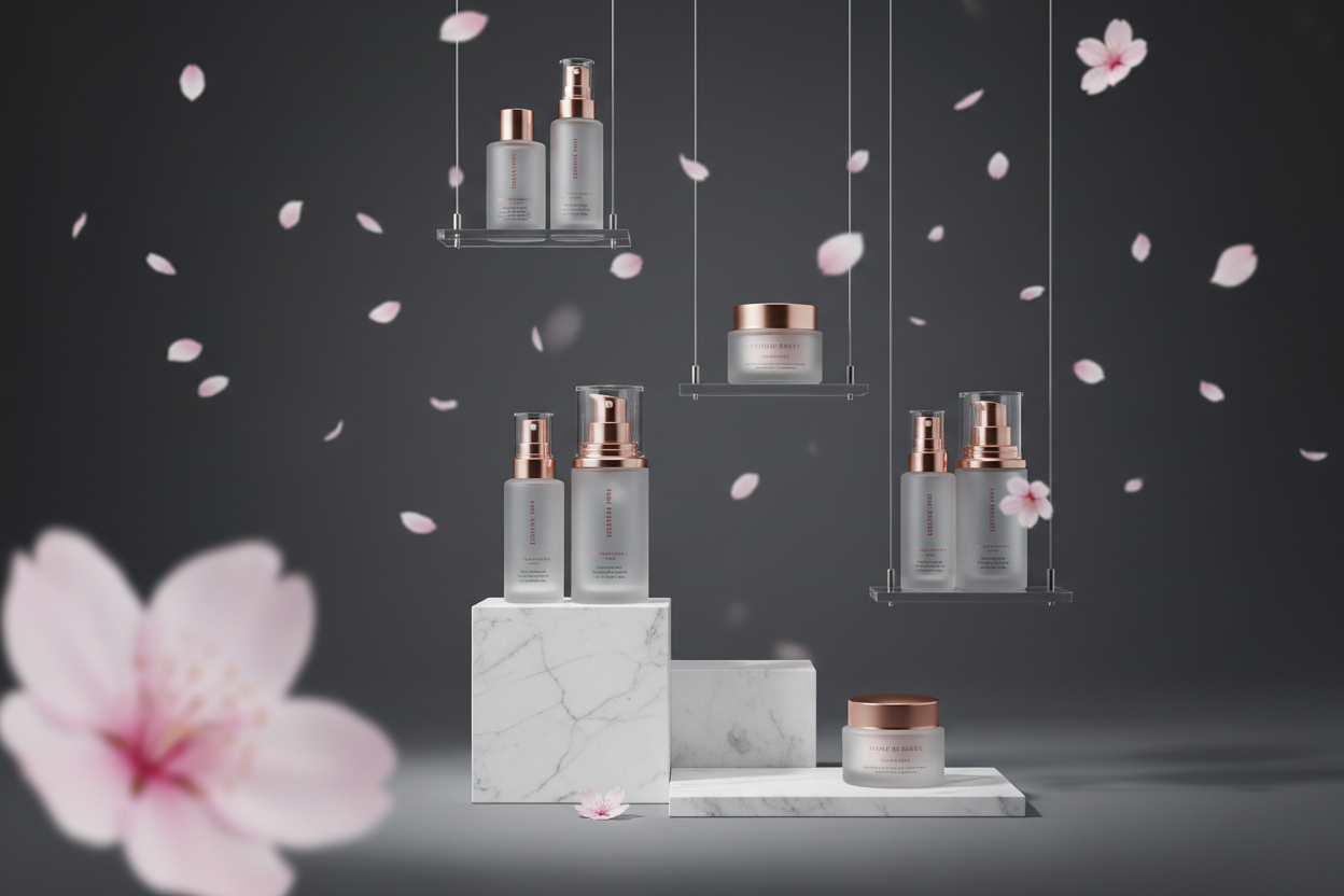 generate a skincare boutique display. Dark charcoal background with sakura flowers flying around