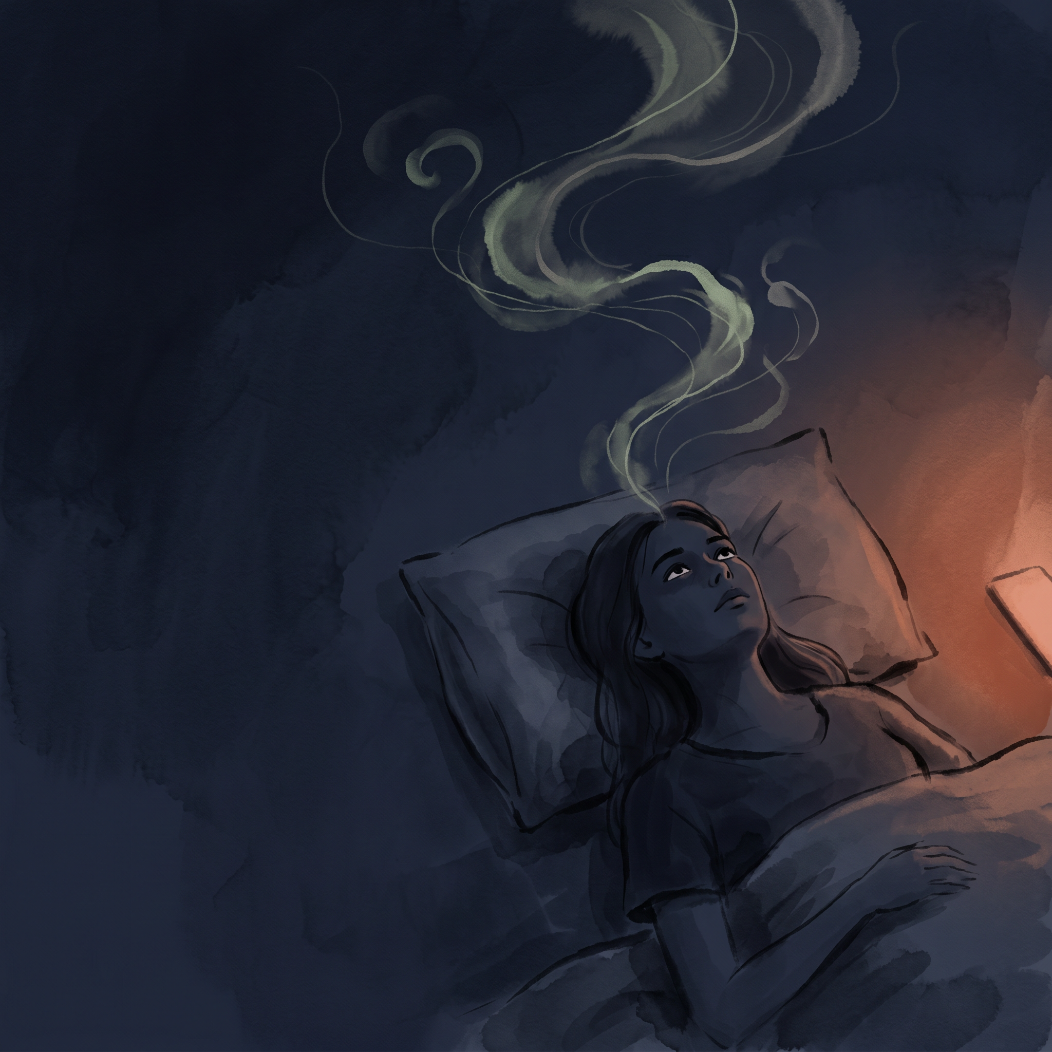 A woman lies awake at night, her thoughts drifting upward like smoke