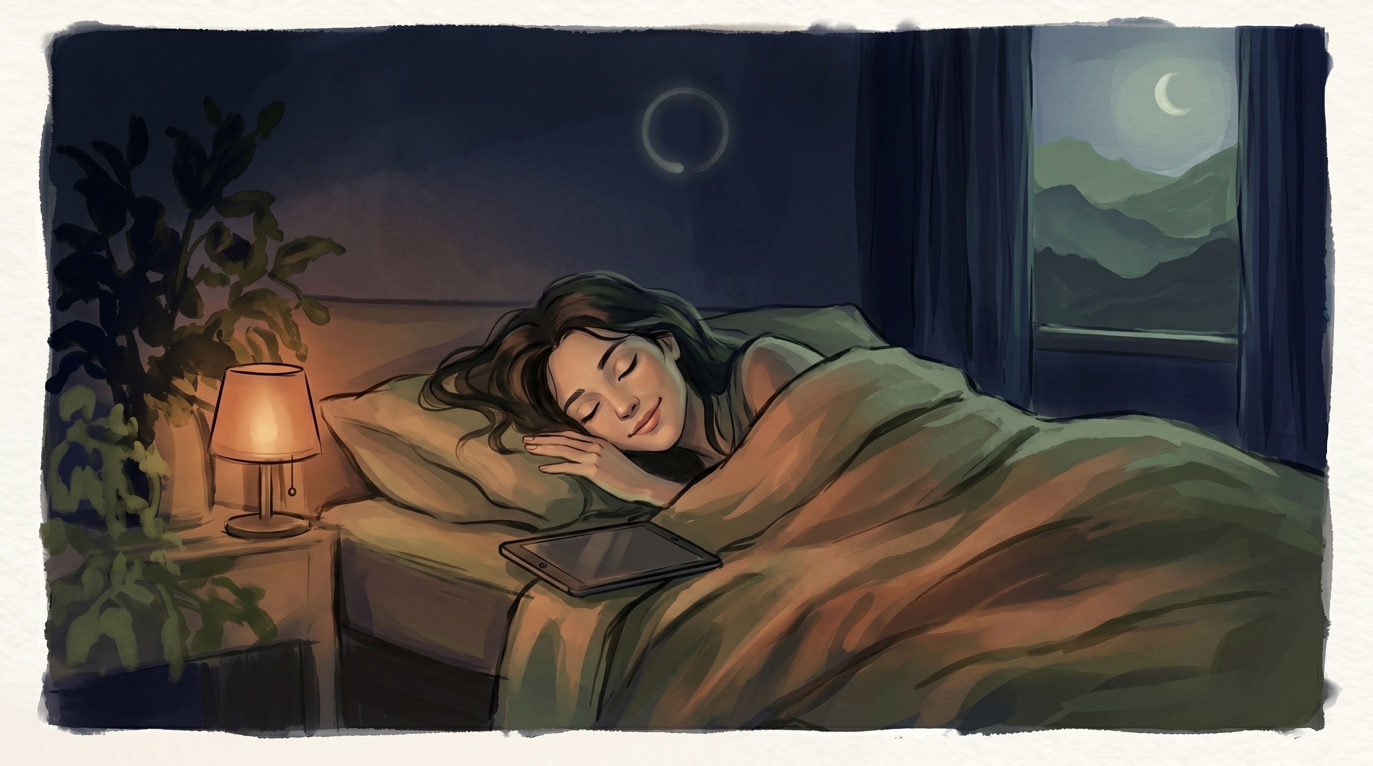 Someone asleep in bed at night beneath a glowing crescent moon, calm and at rest