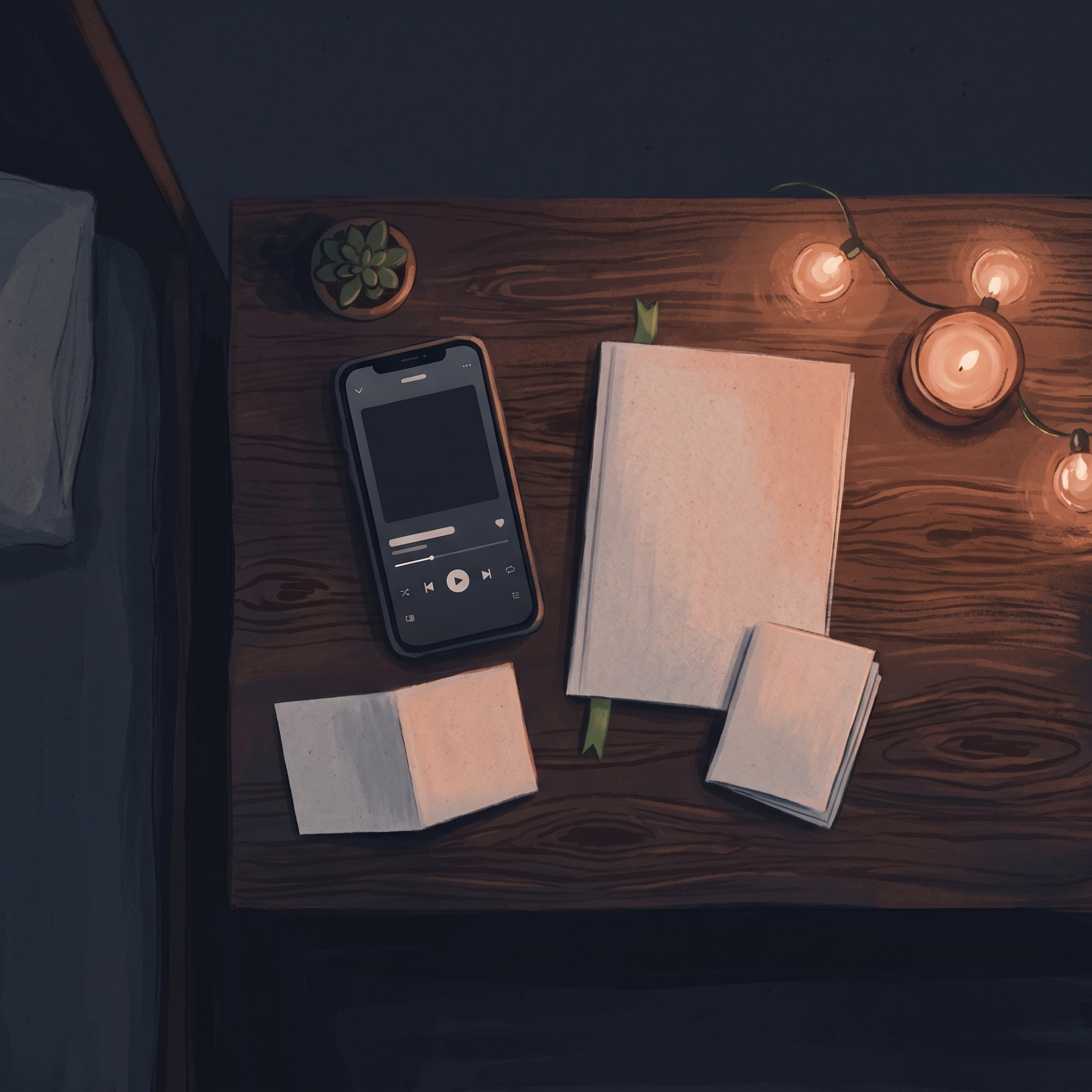 A phone playing the audiobook beside the companion books, a candle, and string lights on a nightstand